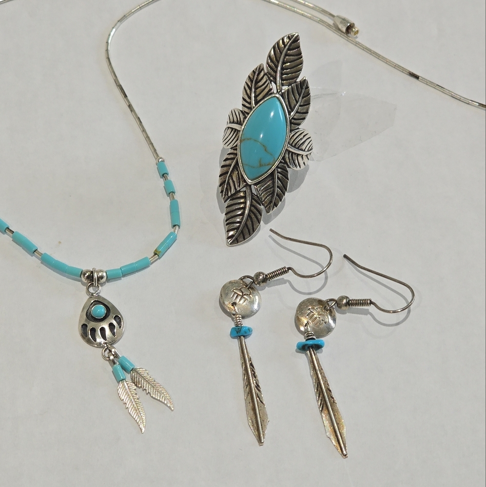 Native Work 925 sterling silver Turquoise Set of Necklace, Earrings & Ring